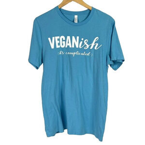 Vegan T-Shirt Womens Size L "VEGANish it's complicated" Blue 100% Cotton